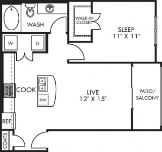 Lonestar. 1 bedroom apartment. Kitchen with island open to living room. 1 full bathroom. Walk-in closet. Patio/balcony.
