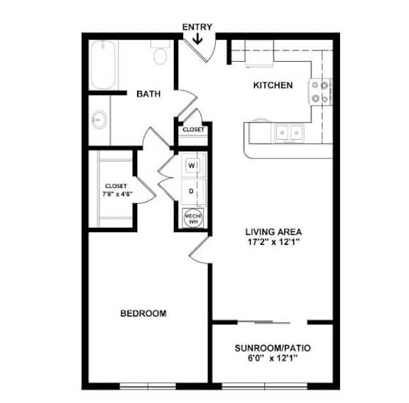 A floor plan of a small apartment with a bedroom, bathroom, kitchen, and living area.