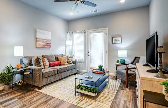 A living room with a couch, a coffee table, and a television.