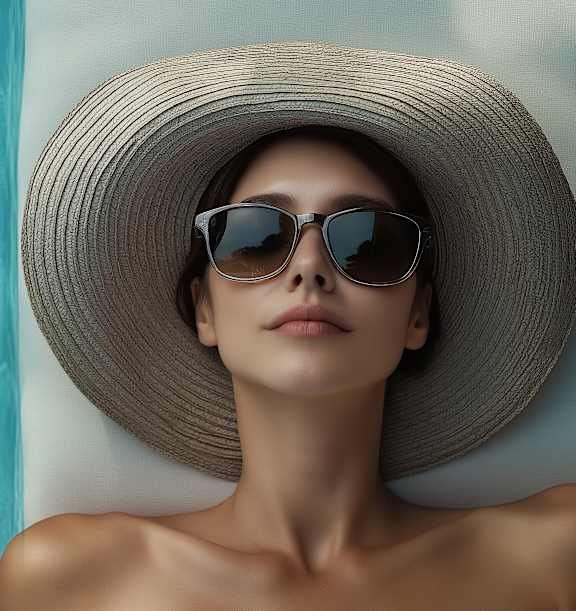 A person wearing a hat and sunglasses is lying down.