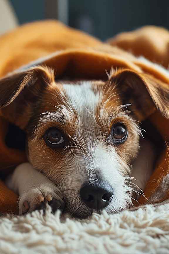 a small dog laying under a blanket on a couch