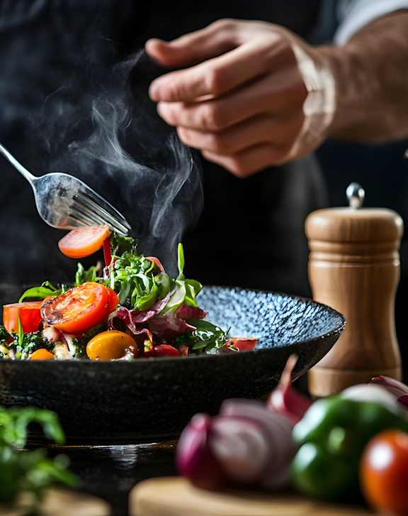A person is cooking a salad with tomatoes and herbs.