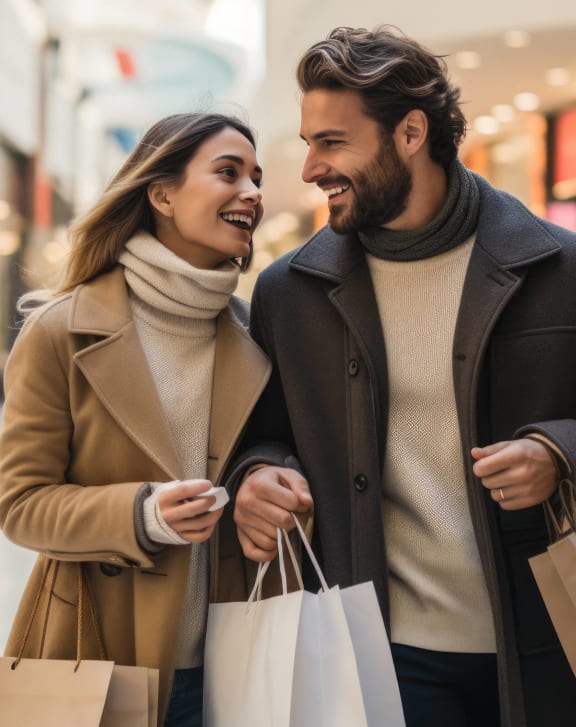 happy couple shopping in a mall with shopping bags