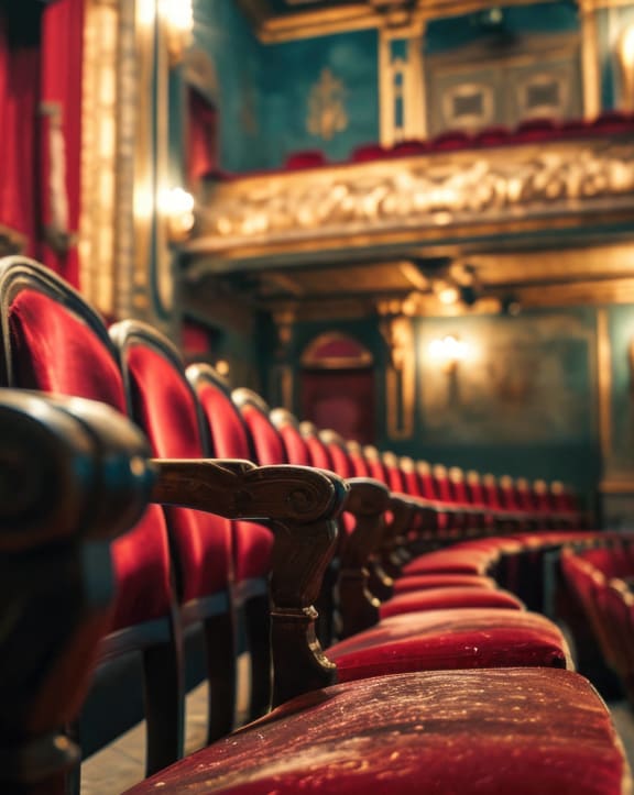 a row of red seats in an auditorium at a church
