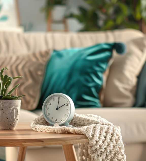 A yellow mug sits on a coffee table in front of a grey couch with a yellow pillow and a white blanket.