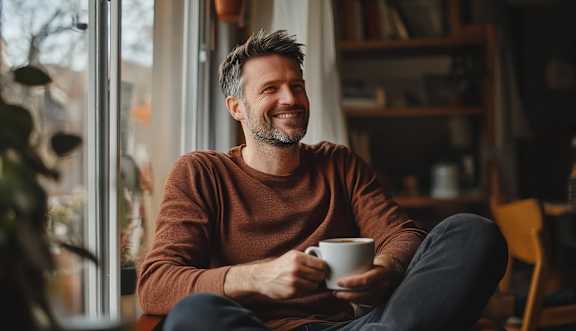 a man smiling while holding a coffee cup and looking out a window
