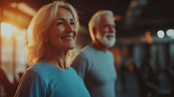 Two people are standing in a gym.