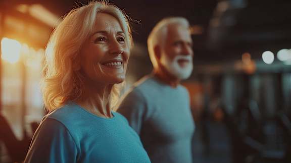Two people are standing in a gym.