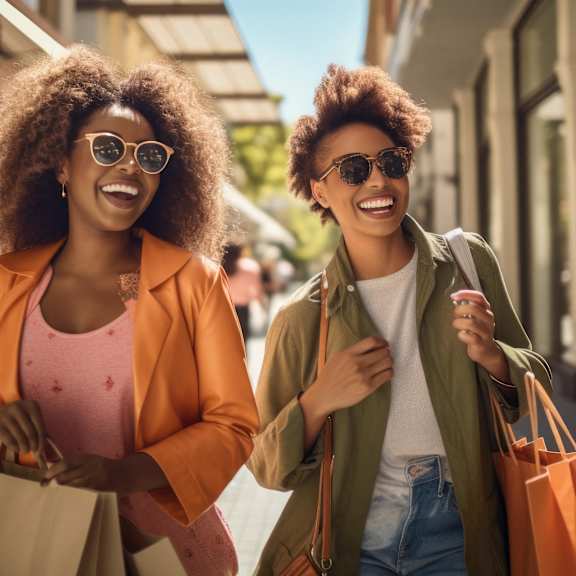 Two women walking down a street holding shopping bags.