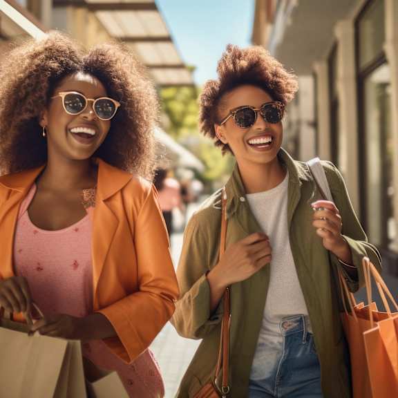 Two women walking down a street holding shopping bags.