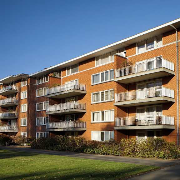 A large apartment building with balconies and multiple windows.