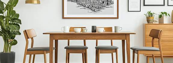A dining room with a wooden table and chairs.