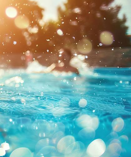a woman swimming in a pool in the sun