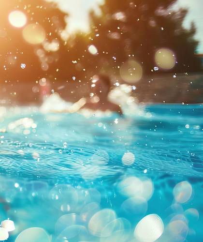 A person swimming in a pool with sunlight reflecting off the water.