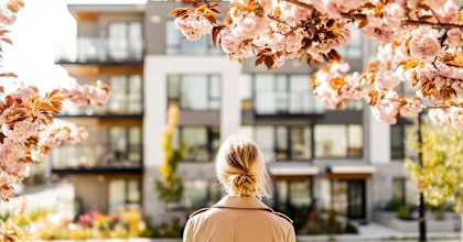 A woman in a beige jacket is standing in front of a building with pink flowers.