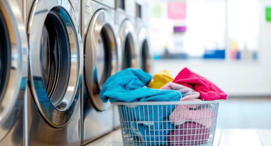 A basket of clothes is placed in front of a row of washing machines.
