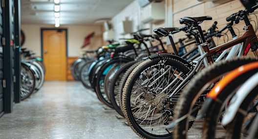 A row of bicycles are lined up in a bike shop.