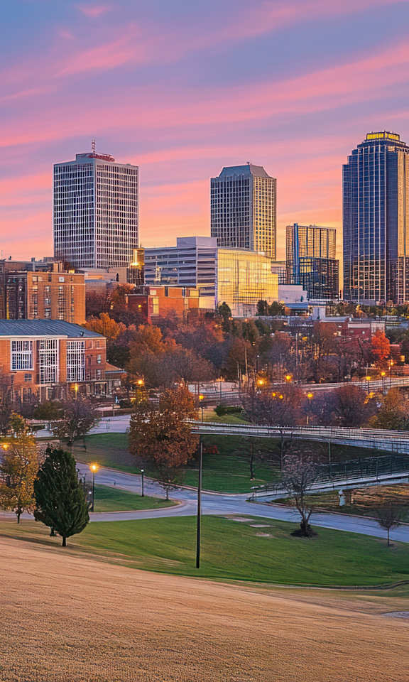 A city skyline at sunset with a bridge in the foreground.