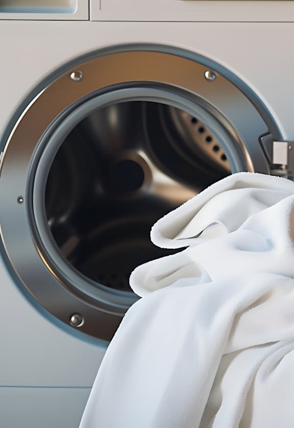 A basket full of white clothes is placed in front of a washing machine.