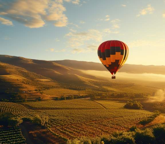 A hot air balloon with a pixelated design is floating over a vineyard at sunrise.