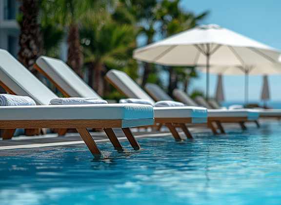 A row of sun loungers are on the edge of a swimming pool.