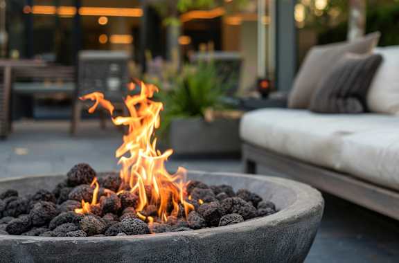 a fire pit on a patio with a couch in the background