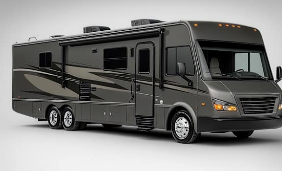 A black RV is parked on a grey surface.