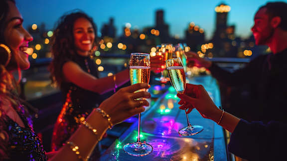 A group of people toasting with champagne glasses on a rooftop.