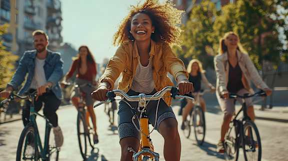 A group of people riding bicycles on a sunny day.