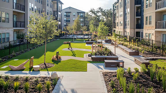 A park area with a walking path and benches is surrounded by apartment buildings.