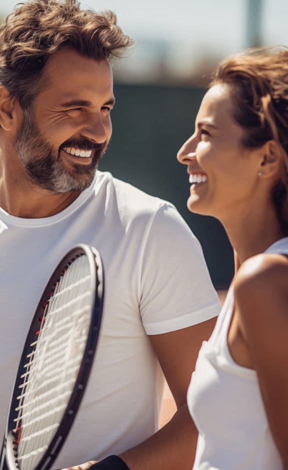 a man and woman standing on a tennis court holding a tennis racket
