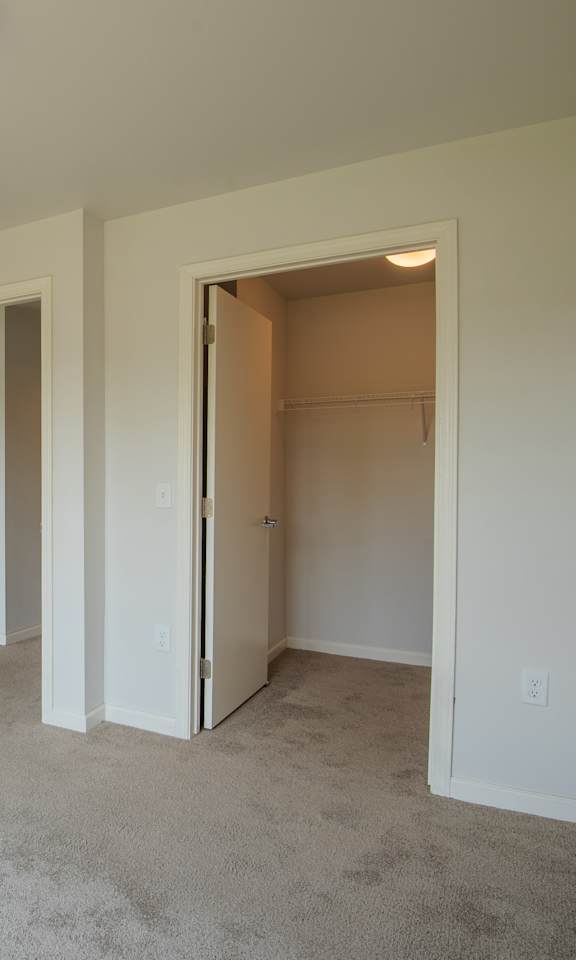 A carpeted room with two doors and a light on the ceiling.