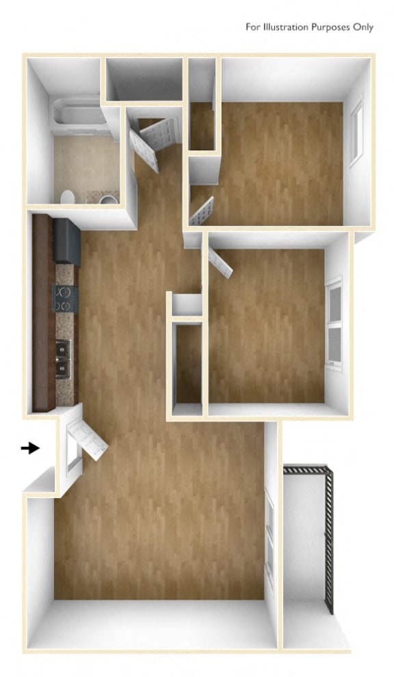 Unfurnished 2 Bedroom 1 Bath 3D Floorplan, Casa Salazar Apartments Los Angeles, CA