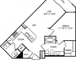 Jones 1 bedroom apartment floorplan. Entry closet, kitchen with peninsula island, open to dining-living area. in-unit washer/dryer, 1 bathroom with linen cabinet and walk-in closet. Balcony