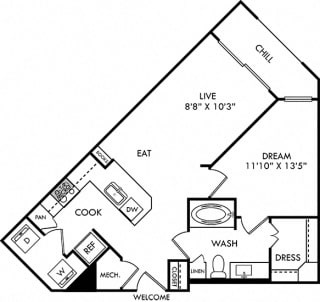 Jones 1 bedroom apartment floorplan. Entry closet, kitchen with peninsula island, open to dining-living area. in-unit washer/dryer, 1 bathroom with linen cabinet and walk-in closet. Balcony