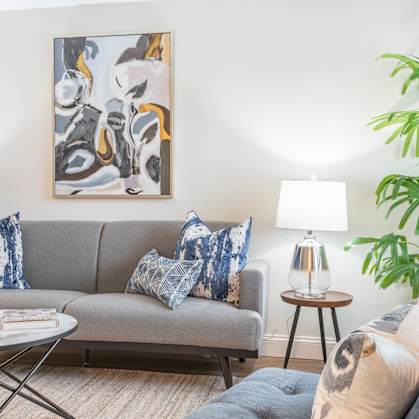 Living Room with a Gray Couch at The Oak at Island Creek Village, Duxbury, 02050