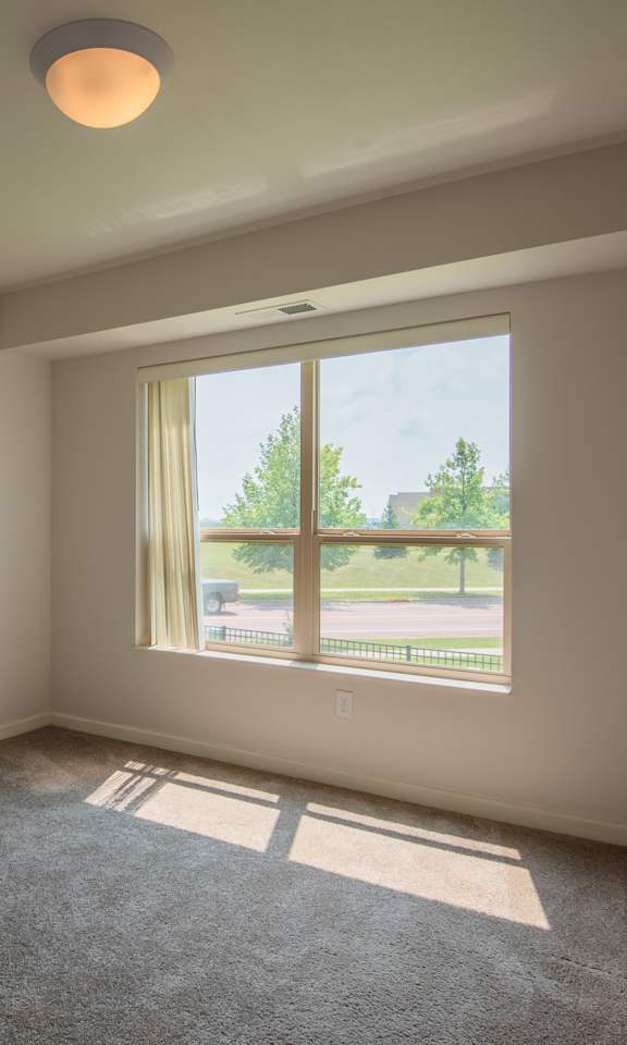 A room with a carpeted floor and a window letting in sunlight.
