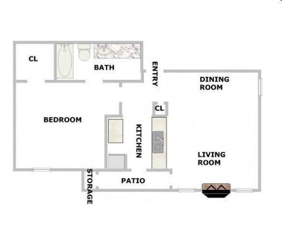 637 Square-Foot 1 Bedroom 1 Bath Fairwood Floorplan at Pleasant Creek Apartments, Texas, 75146