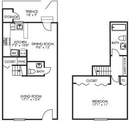 Ashton. 1 bedroom townhouse. Kitchen with bartop open to dinning room. 1 full bathroom + powder room. built in desk. Patio/balcony.