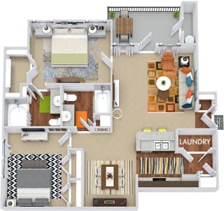 Driskill 3D 2 bedroom apartment. Kitchen with bartop open to living room. Dining area. 2 full bathrooms. Walk-in closet in master. Closet in second bedroom. Patio/balcony.