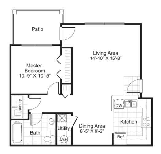 Floor Plan  Ardenne 1 bed 1 bath with patio affordable unit