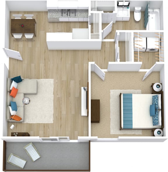 A top down view of a living room, kitchen, and bathroom.