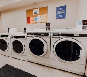 a washer and dryer area in a laundry room with row of washing machines