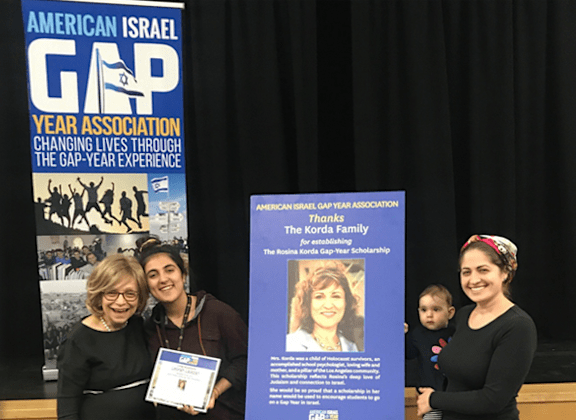 three women standing next to a sign at an israeli gp event