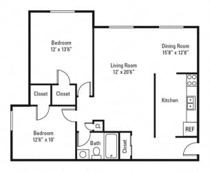 Floor Plan 2 Bedroom, 1 Bath 933 sq. ft.