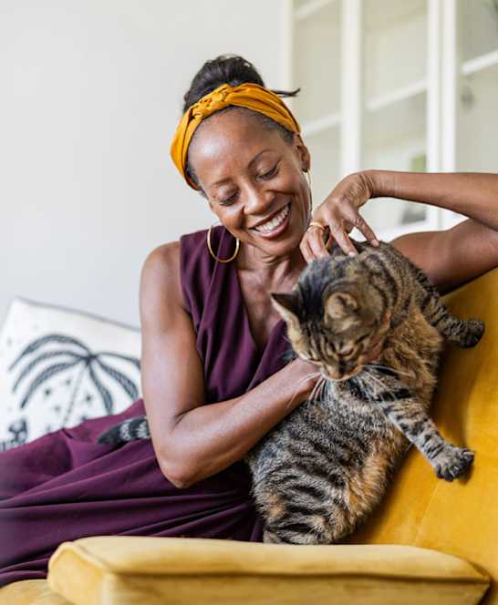 A woman in a purple dress is petting a cat on a yellow couch.