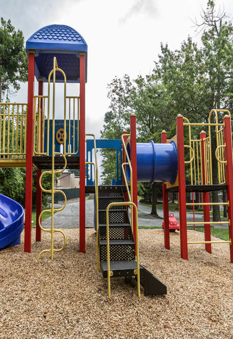 a playground with a blue slide and red monkey bars