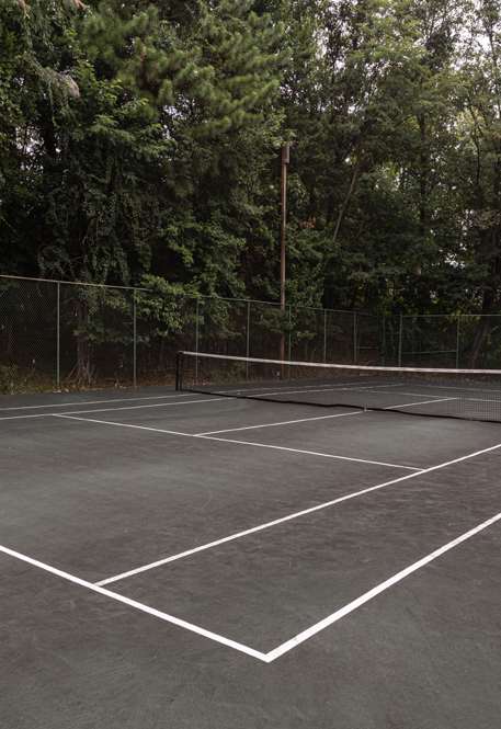 a tennis court with trees in the background