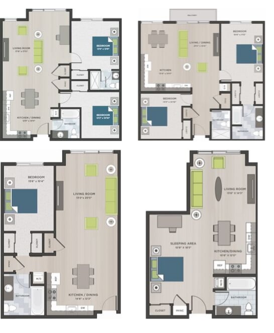 Four two dimensional floor plans. 