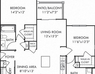 Kingfisher. 2 bedroom apartment. Kitchen with island open to living/dinning rooms. 2 full bathroom. Walk-in closets. Patio/balcony.